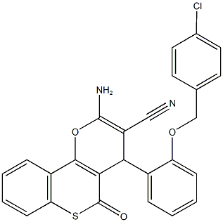 2-amino-4-{2-[(4-chlorobenzyl)oxy]phenyl}-5-oxo-4H,5H-thiochromeno[4,3-b]pyran-3-carbonitrile Struktur