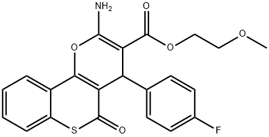 2-methoxyethyl 2-amino-4-(4-fluorophenyl)-5-oxo-4H,5H-thiochromeno[4,3-b]pyran-3-carboxylate Struktur