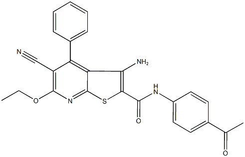 N-(4-acetylphenyl)-3-amino-5-cyano-6-ethoxy-4-phenylthieno[2,3-b]pyridine-2-carboxamide Struktur