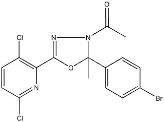 2-[4-acetyl-5-(4-bromophenyl)-5-methyl-4,5-dihydro-1,3,4-oxadiazol-2-yl]-3,6-dichloropyridine Struktur