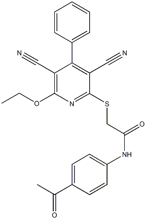 N-(4-acetylphenyl)-2-[(3,5-dicyano-6-ethoxy-4-phenyl-2-pyridinyl)sulfanyl]acetamide Struktur