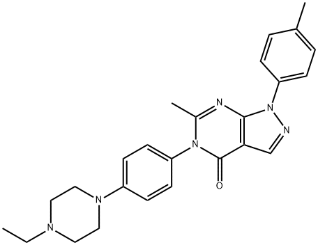 5-[4-(4-ethyl-1-piperazinyl)phenyl]-6-methyl-1-(4-methylphenyl)-1,5-dihydro-4H-pyrazolo[3,4-d]pyrimidin-4-one Struktur