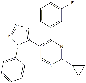 2-cyclopropyl-4-(3-fluorophenyl)-5-(1-phenyl-1H-tetraazol-5-yl)pyrimidine Struktur