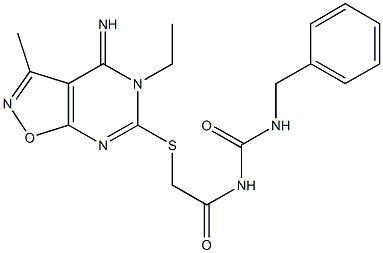 N-benzyl-N'-{[(5-ethyl-4-imino-3-methyl-4,5-dihydroisoxazolo[5,4-d]pyrimidin-6-yl)sulfanyl]acetyl}urea Struktur