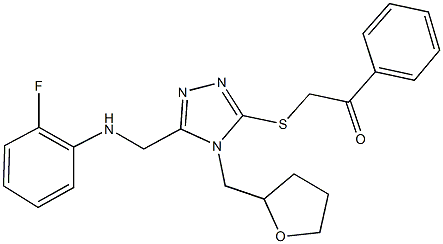 2-{[5-[(2-fluoroanilino)methyl]-4-(tetrahydro-2-furanylmethyl)-4H-1,2,4-triazol-3-yl]sulfanyl}-1-phenylethanone Struktur