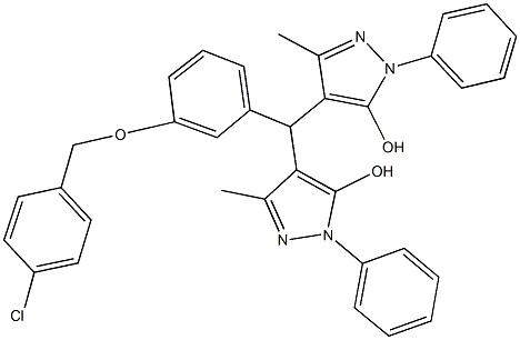 4-[{3-[(4-chlorobenzyl)oxy]phenyl}(5-hydroxy-3-methyl-1-phenyl-1H-pyrazol-4-yl)methyl]-3-methyl-1-phenyl-1H-pyrazol-5-ol Struktur