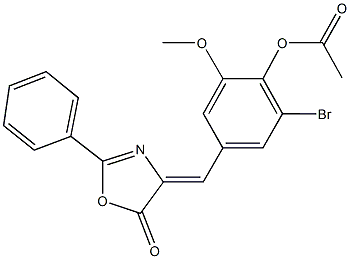 2-bromo-6-methoxy-4-[(5-oxo-2-phenyl-1,3-oxazol-4(5H)-ylidene)methyl]phenyl acetate Struktur