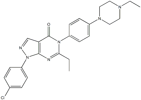 1-(4-chlorophenyl)-6-ethyl-5-[4-(4-ethyl-1-piperazinyl)phenyl]-1,5-dihydro-4H-pyrazolo[3,4-d]pyrimidin-4-one Struktur