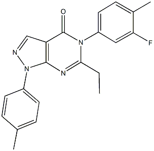 6-ethyl-5-(3-fluoro-4-methylphenyl)-1-(4-methylphenyl)-1,5-dihydro-4H-pyrazolo[3,4-d]pyrimidin-4-one Struktur