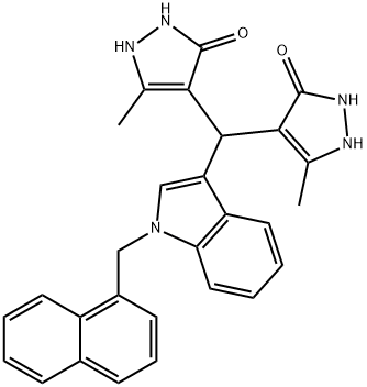 4-{(5-hydroxy-3-methyl-1H-pyrazol-4-yl)[1-(1-naphthylmethyl)-1H-indol-3-yl]methyl}-3-methyl-1H-pyrazol-5-ol Struktur