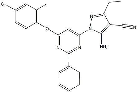 5-amino-1-[6-(4-chloro-2-methylphenoxy)-2-phenylpyrimidin-4-yl]-3-ethyl-1H-pyrazole-4-carbonitrile Struktur