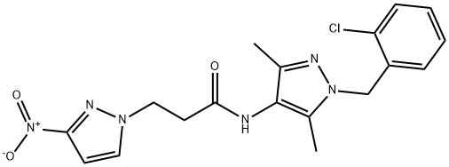 N-[1-(2-chlorobenzyl)-3,5-dimethyl-1H-pyrazol-4-yl]-3-{3-nitro-1H-pyrazol-1-yl}propanamide Struktur