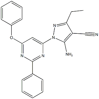 5-amino-3-ethyl-1-(6-phenoxy-2-phenyl-4-pyrimidinyl)-1H-pyrazole-4-carbonitrile Struktur