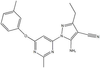 5-amino-3-ethyl-1-[2-methyl-6-(3-methylphenoxy)-4-pyrimidinyl]-1H-pyrazole-4-carbonitrile Struktur