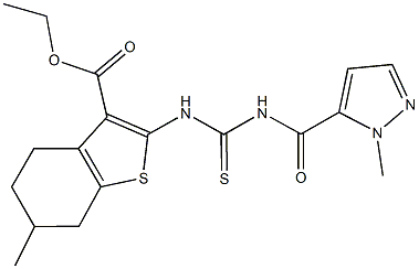 ethyl 6-methyl-2-[({[(1-methyl-1H-pyrazol-5-yl)carbonyl]amino}carbothioyl)amino]-4,5,6,7-tetrahydro-1-benzothiophene-3-carboxylate Struktur