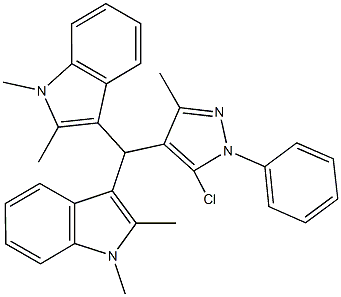 3-[(5-chloro-3-methyl-1-phenyl-1H-pyrazol-4-yl)(1,2-dimethyl-1H-indol-3-yl)methyl]-1,2-dimethyl-1H-indole Struktur