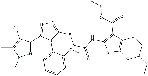 ethyl 2-[({[5-(4-chloro-1,5-dimethyl-1H-pyrazol-3-yl)-4-(2-methoxyphenyl)-4H-1,2,4-triazol-3-yl]sulfanyl}acetyl)amino]-6-ethyl-4,5,6,7-tetrahydro-1-benzothiophene-3-carboxylate Struktur