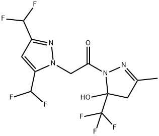 1-{[3,5-bis(difluoromethyl)-1H-pyrazol-1-yl]acetyl}-3-methyl-5-(trifluoromethyl)-4,5-dihydro-1H-pyrazol-5-ol Struktur