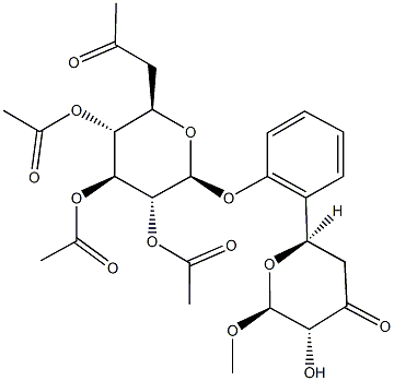 2-(5-hydroxy-6-methoxy-4-oxotetrahydro-2H-pyran-2-yl)phenyl 2,3,4-tri-O-acetyl-6,8-dideoxyoctopyranosid-7-ulose Struktur