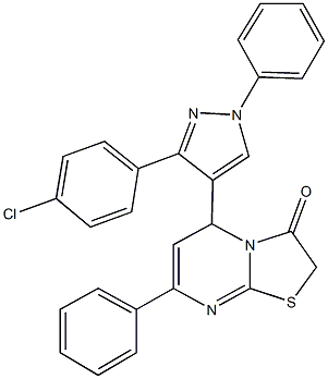 5-[3-(4-chlorophenyl)-1-phenyl-1H-pyrazol-4-yl]-7-phenyl-5H-[1,3]thiazolo[3,2-a]pyrimidin-3(2H)-one Struktur