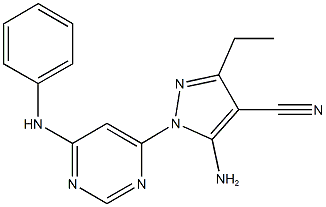 5-amino-1-(6-anilino-4-pyrimidinyl)-3-ethyl-1H-pyrazole-4-carbonitrile Struktur