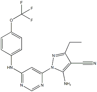 5-amino-3-ethyl-1-{6-[4-(trifluoromethoxy)anilino]-4-pyrimidinyl}-1H-pyrazole-4-carbonitrile Struktur