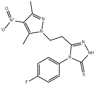 4-(4-fluorophenyl)-3-(2-{4-nitro-3,5-dimethyl-1H-pyrazol-1-yl}ethyl)-5-sulfanyl-4H-1,2,4-triazole Struktur