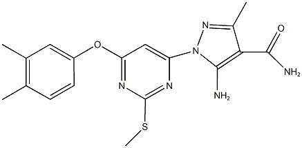 5-amino-1-[6-(3,4-dimethylphenoxy)-2-(methylsulfanyl)-4-pyrimidinyl]-3-methyl-1H-pyrazole-4-carboxamide Struktur