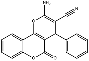 2-amino-5-oxo-4-phenyl-4H,5H-pyrano[3,2-c]chromene-3-carbonitrile Struktur