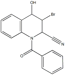 1-benzoyl-3-bromo-4-hydroxy-1,2,3,4-tetrahydro-2-quinolinecarbonitrile Struktur