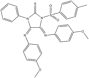 4,5-bis[(4-methoxyphenyl)imino]-1-[(4-methylphenyl)sulfonyl]-3-phenylimidazolidine-2-thione Struktur