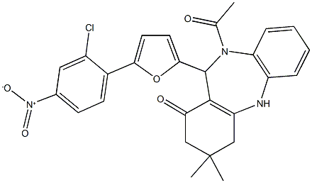 10-acetyl-11-(5-{2-chloro-4-nitrophenyl}-2-furyl)-3,3-dimethyl-2,3,4,5,10,11-hexahydro-1H-dibenzo[b,e][1,4]diazepin-1-one Struktur