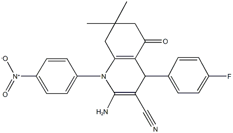 2-amino-4-(4-fluorophenyl)-1-{4-nitrophenyl}-7,7-dimethyl-5-oxo-1,4,5,6,7,8-hexahydro-3-quinolinecarbonitrile Struktur