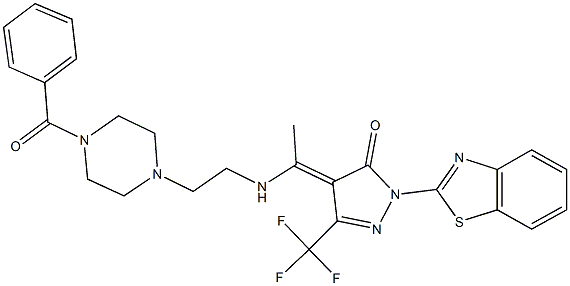 2-(1,3-benzothiazol-2-yl)-4-(1-{[2-(4-benzoyl-1-piperazinyl)ethyl]amino}ethylidene)-5-(trifluoromethyl)-2,4-dihydro-3H-pyrazol-3-one Struktur