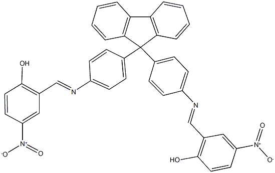 2-{[(4-{9-[4-({2-hydroxy-5-nitrobenzylidene}amino)phenyl]-9H-fluoren-9-yl}phenyl)imino]methyl}-4-nitrophenol Struktur