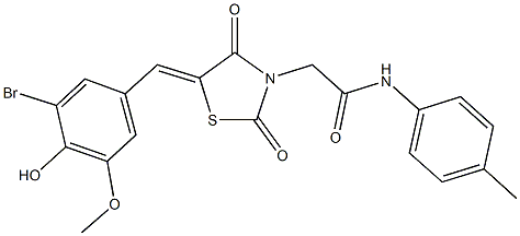 2-[5-(3-bromo-4-hydroxy-5-methoxybenzylidene)-2,4-dioxo-1,3-thiazolidin-3-yl]-N-(4-methylphenyl)acetamide Struktur