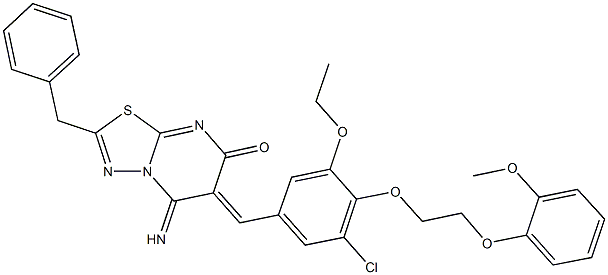 2-benzyl-6-{3-chloro-5-ethoxy-4-[2-(2-methoxyphenoxy)ethoxy]benzylidene}-5-imino-5,6-dihydro-7H-[1,3,4]thiadiazolo[3,2-a]pyrimidin-7-one Struktur