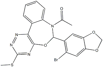 7-acetyl-6-(6-bromo-1,3-benzodioxol-5-yl)-3-(methylsulfanyl)-6,7-dihydro[1,2,4]triazino[5,6-d][3,1]benzoxazepine Struktur