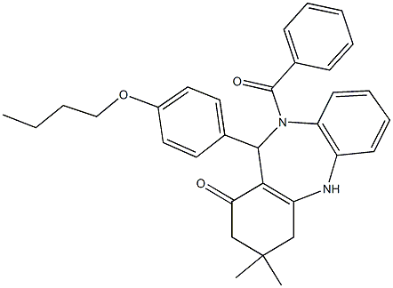 10-benzoyl-11-(4-butoxyphenyl)-3,3-dimethyl-2,3,4,5,10,11-hexahydro-1H-dibenzo[b,e][1,4]diazepin-1-one Struktur