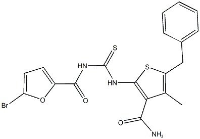 5-benzyl-2-({[(5-bromo-2-furoyl)amino]carbothioyl}amino)-4-methyl-3-thiophenecarboxamide Struktur