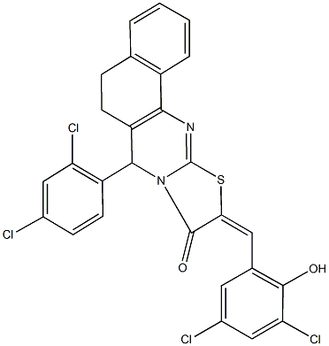 10-(3,5-dichloro-2-hydroxybenzylidene)-7-(2,4-dichlorophenyl)-5,7-dihydro-6H-benzo[h][1,3]thiazolo[2,3-b]quinazolin-9(10H)-one Struktur