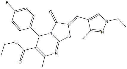 ethyl 2-[(1-ethyl-3-methyl-1H-pyrazol-4-yl)methylene]-5-(4-fluorophenyl)-7-methyl-3-oxo-2,3-dihydro-5H-[1,3]thiazolo[3,2-a]pyrimidine-6-carboxylate Struktur