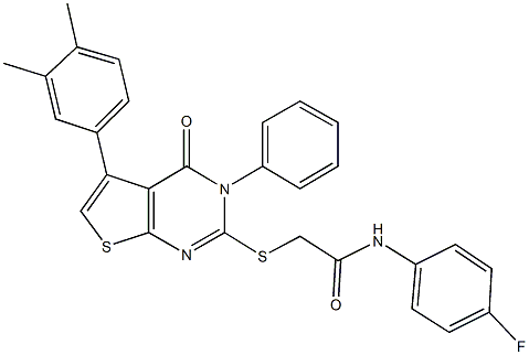 2-{[5-(3,4-dimethylphenyl)-4-oxo-3-phenyl-3,4-dihydrothieno[2,3-d]pyrimidin-2-yl]sulfanyl}-N-(4-fluorophenyl)acetamide Struktur