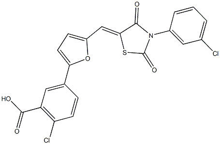 2-chloro-5-(5-{[3-(3-chlorophenyl)-2,4-dioxo-1,3-thiazolidin-5-ylidene]methyl}-2-furyl)benzoic acid Struktur