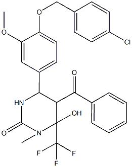 5-benzoyl-4-{4-[(4-chlorobenzyl)oxy]-3-methoxyphenyl}-6-hydroxy-1-methyl-6-(trifluoromethyl)tetrahydro-2(1H)-pyrimidinone Struktur