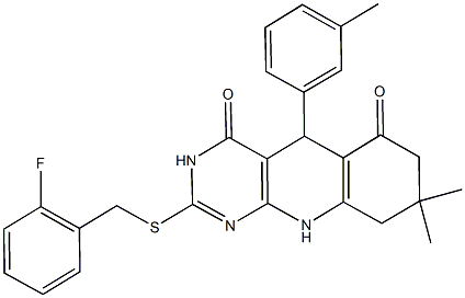 2-[(2-fluorobenzyl)sulfanyl]-8,8-dimethyl-5-(3-methylphenyl)-5,8,9,10-tetrahydropyrimido[4,5-b]quinoline-4,6(3H,7H)-dione Struktur