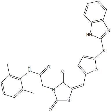 2-(5-{[5-(1H-benzimidazol-2-ylsulfanyl)-2-furyl]methylene}-2,4-dioxo-1,3-thiazolidin-3-yl)-N-(2,6-dimethylphenyl)acetamide Struktur