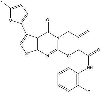 2-{[3-allyl-5-(5-methyl-2-furyl)-4-oxo-3,4-dihydrothieno[2,3-d]pyrimidin-2-yl]sulfanyl}-N-(2-fluorophenyl)acetamide Struktur