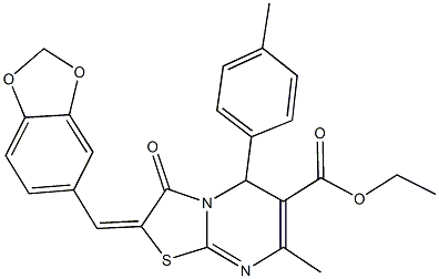 ethyl 2-(1,3-benzodioxol-5-ylmethylene)-7-methyl-5-(4-methylphenyl)-3-oxo-2,3-dihydro-5H-[1,3]thiazolo[3,2-a]pyrimidine-6-carboxylate Struktur