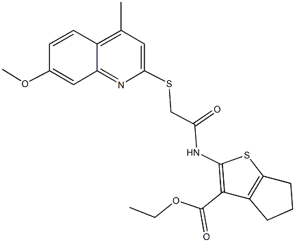 ethyl 2-({[(7-methoxy-4-methyl-2-quinolinyl)sulfanyl]acetyl}amino)-5,6-dihydro-4H-cyclopenta[b]thiophene-3-carboxylate Struktur